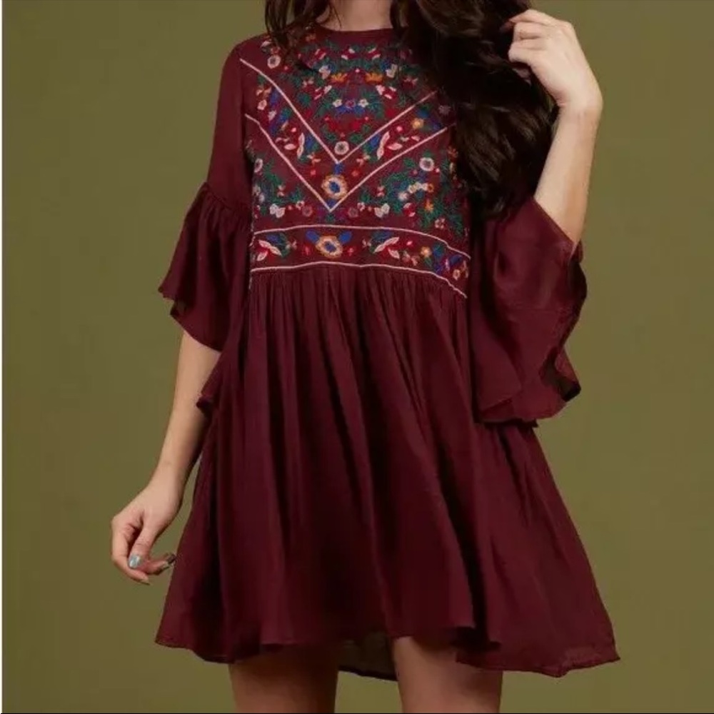 Altar’d State Maroon Floral Embroidered Mini Dress